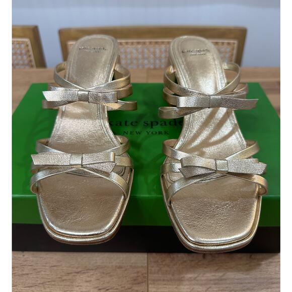 Kate Spade Carolina Block Heel Sandal Metallic Nappa Pale Gold 6.5 Lightly Worn - Picture 8 of 16